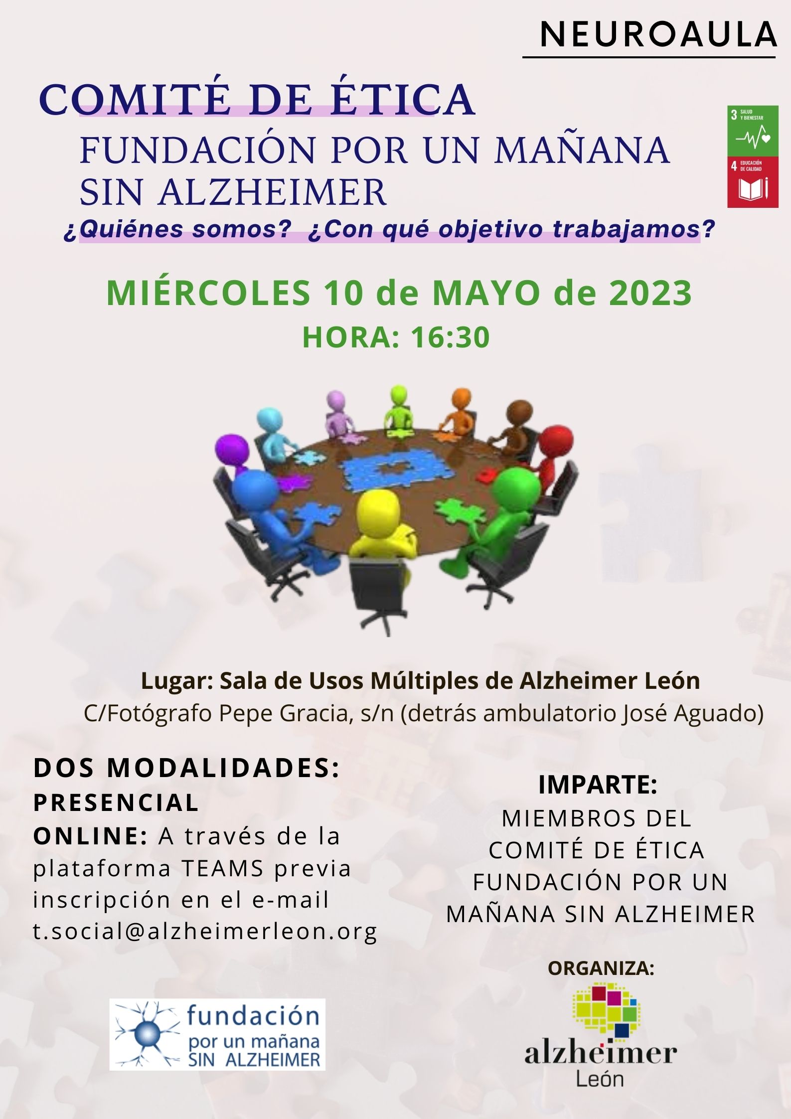cartel neuroaula mes de mayo 2023 alzheimer leon con título comité de ética fundación por un alzheimer sin mañana