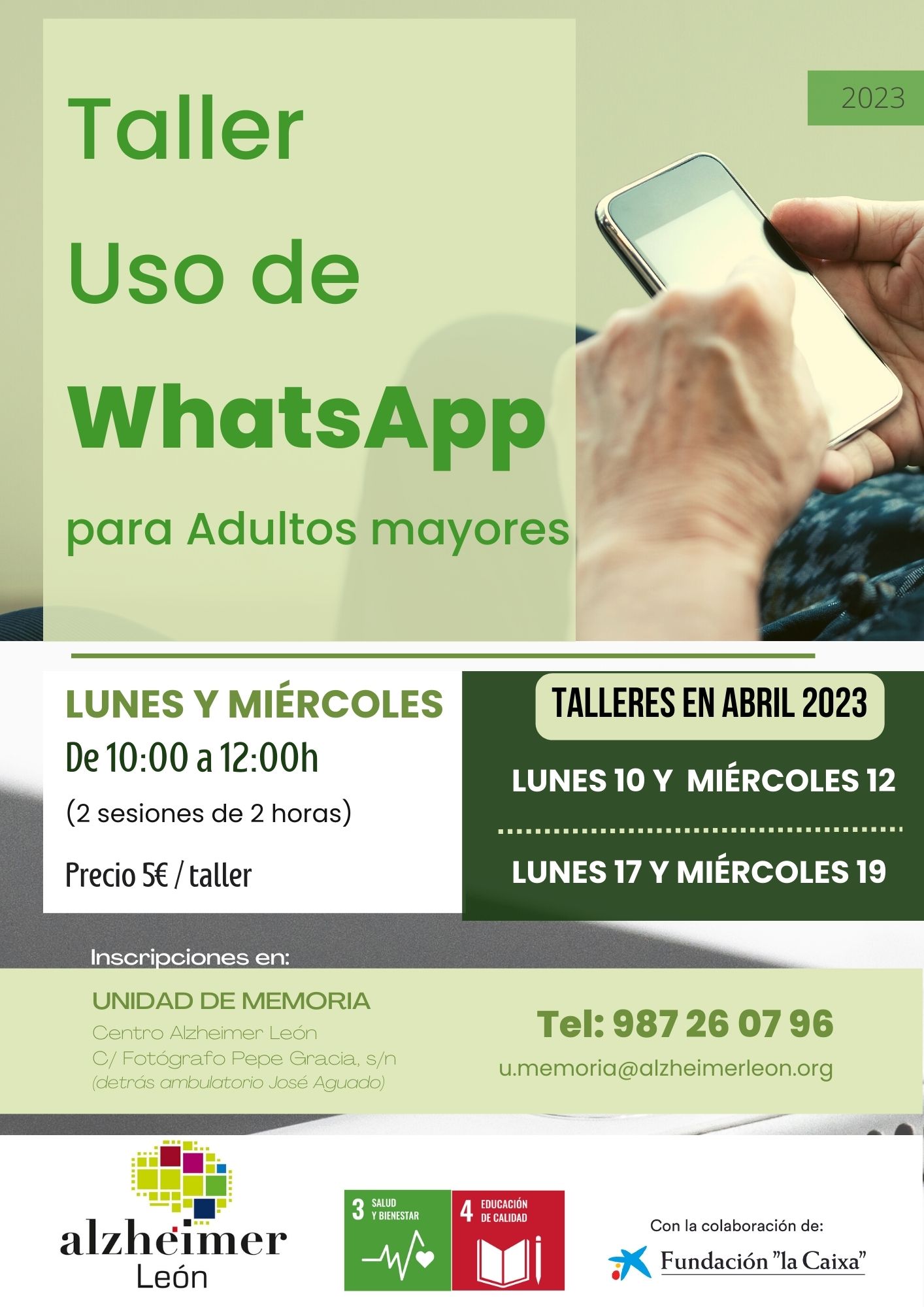 cartel taller whatsApp abril 2023 para adultos mayores sanos