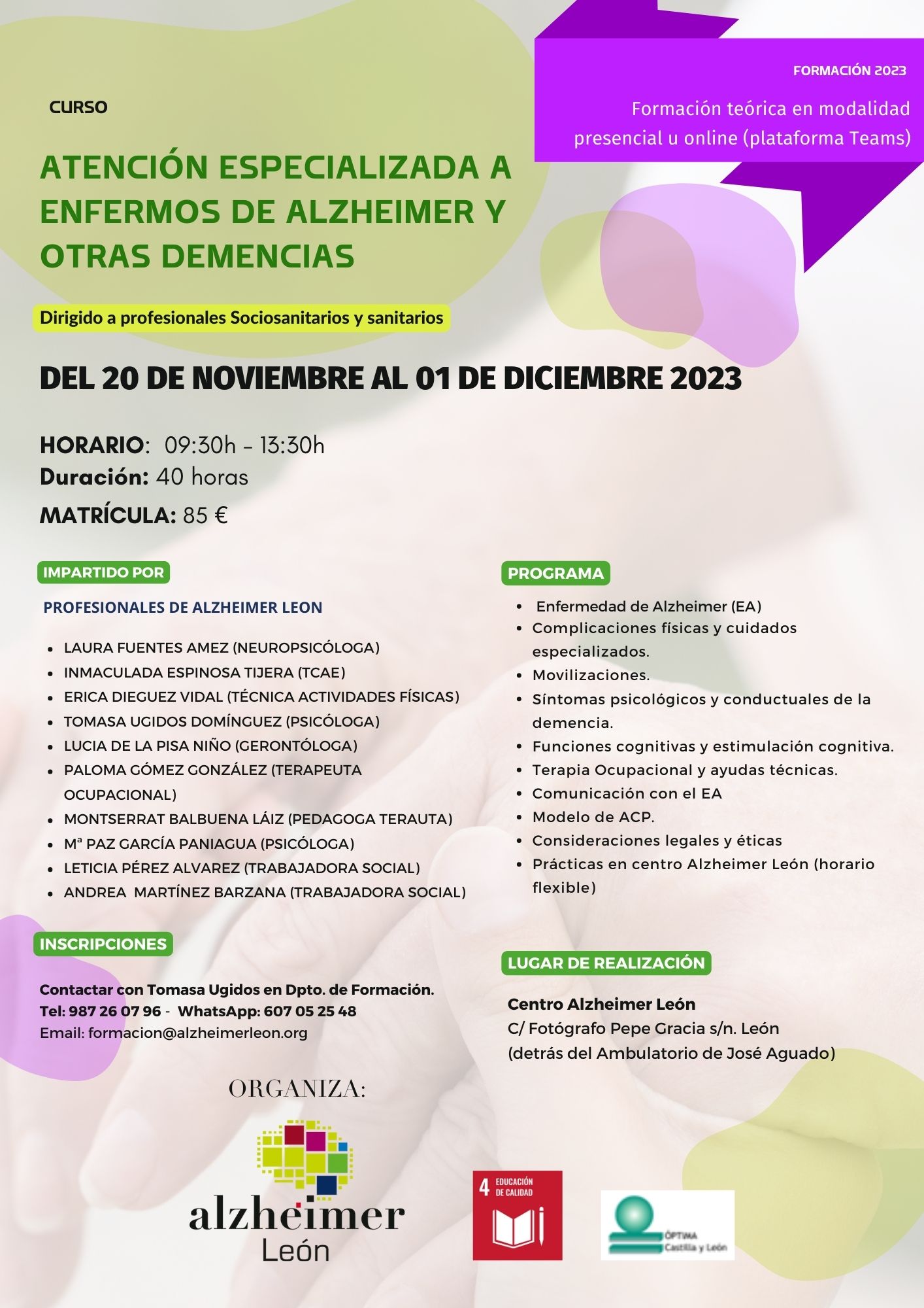 cartel curso en atención especializada a enfermos de Alzheimer y otras demencias, formación 2023.